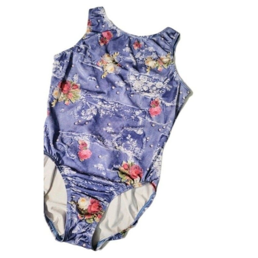 GK Elite VTG 90s Rose Sparkle Blue Keyhole Leotard Bodysuit Sleeveless Adult L
